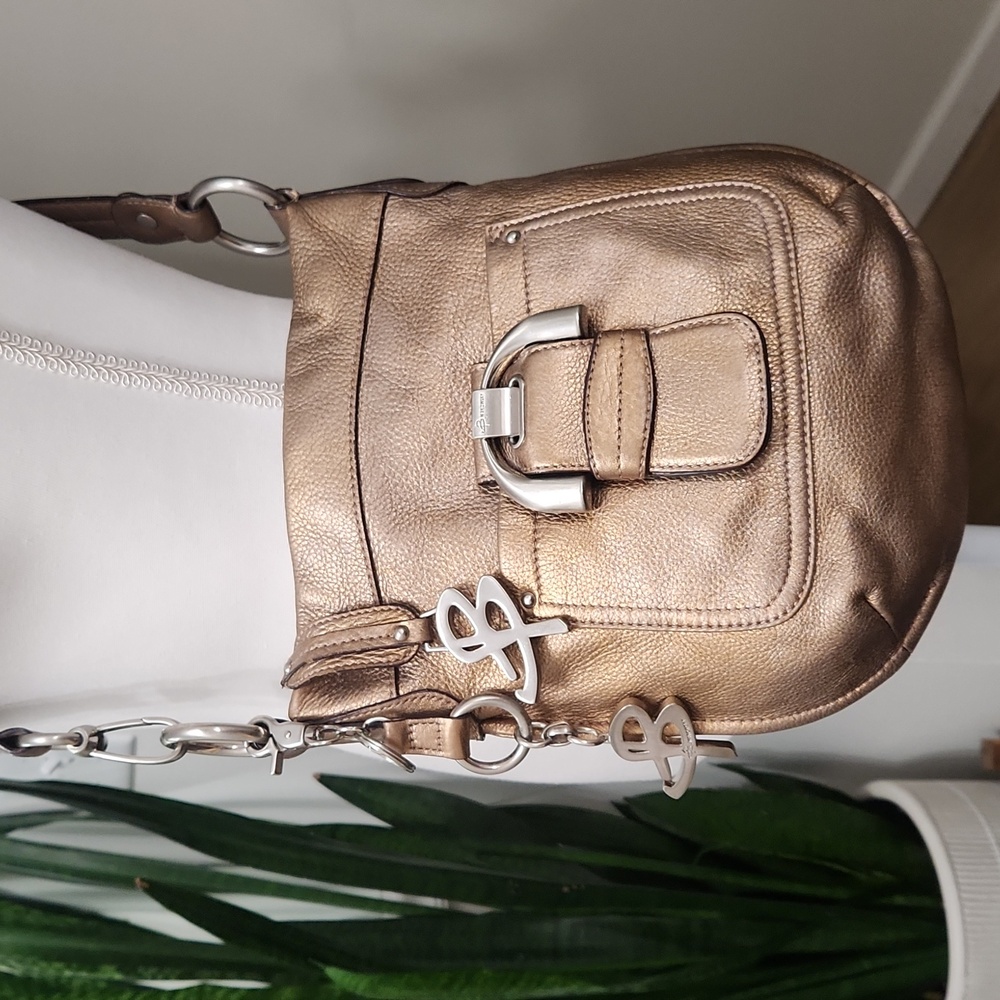 B. Makowsky Metallic Bronze Crossbody Pebbled Leather Bag